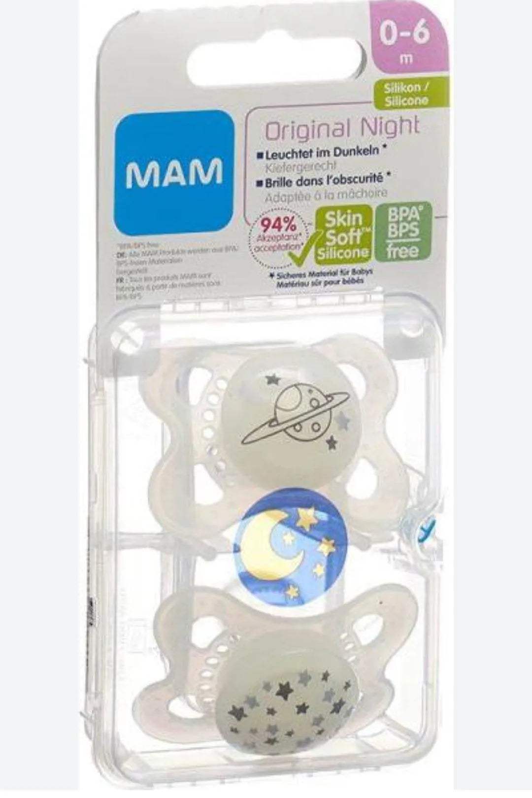 MAM Night Soothers 0-6+ Months Pack of 2, Glow in the Dark Baby Soothers with Self