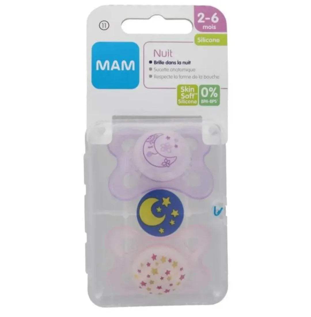MAM Night Soothers 0-6+Months Pack of 2, Glow in the Dark Baby Soothers with Self