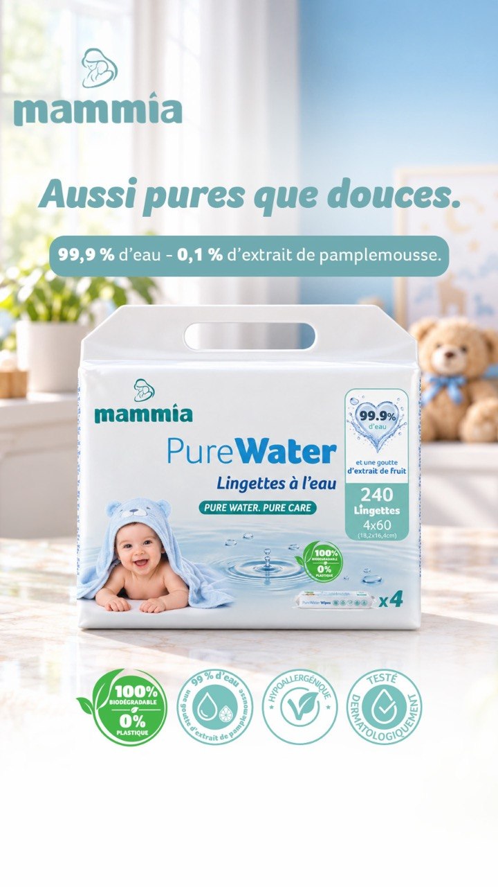 Mammia PureWater lingettes à l'eau bébé, pack de 4 paquets de 60 lingettes