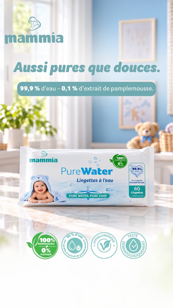 Mammia PureWater lingettes à l'eau bébé x 60 : 99,9 % d'eau, hypoallergéniques, biodégradables