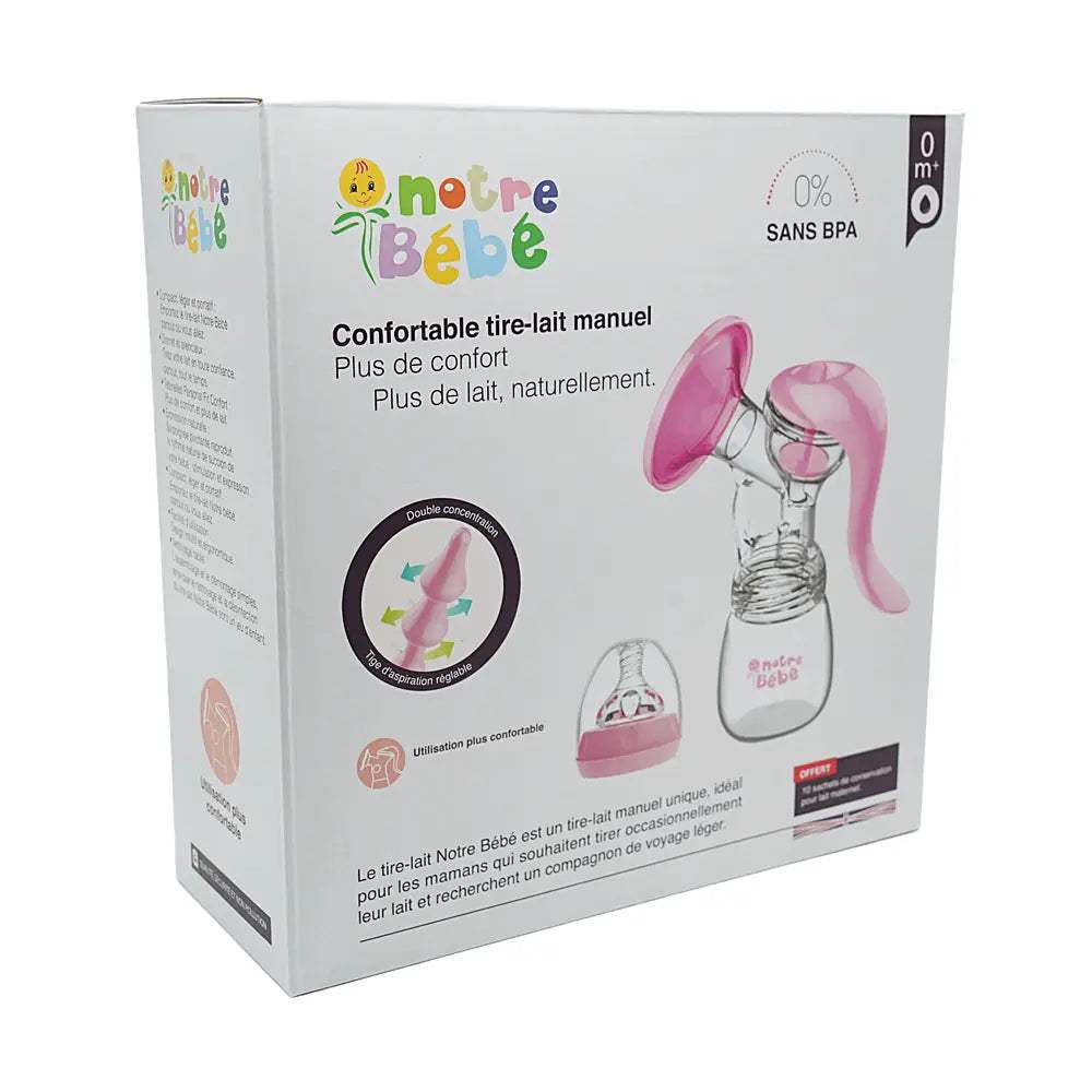 Boîte du tire-lait manuel Notre Bébé : 0 % sans BPA, tige d'aspiration réglable, sachets offerts
