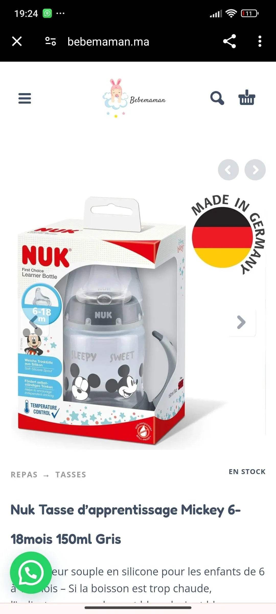 Nuk Tasse d’apprentissage Mickey 6-18mois 150ml Gris - NUK - pour bébé Maroc -www.babyboss.ma