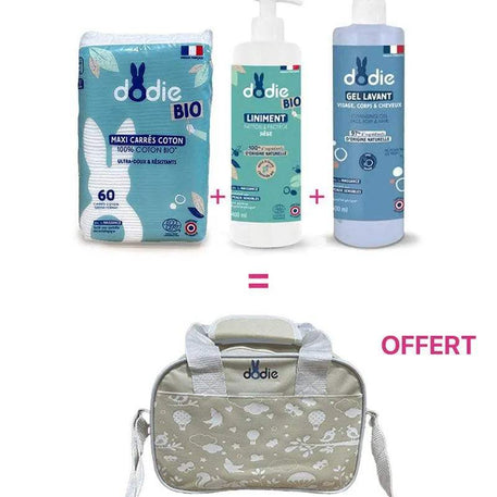 Offre Dodie Gel lavant 500ml+Liniment 400ml+Coton Maxi Carrés+Sac Offert - Dodie - Hygiène et Soin pour bébé Maroc -www.babyboss.ma