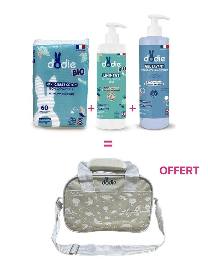 Offre Dodie Gel lavant 500ml+Liniment 400ml+Coton Maxi Carrés+Sac Offert - Dodie - Hygiène et Soin pour bébé Maroc -www.babyboss.ma