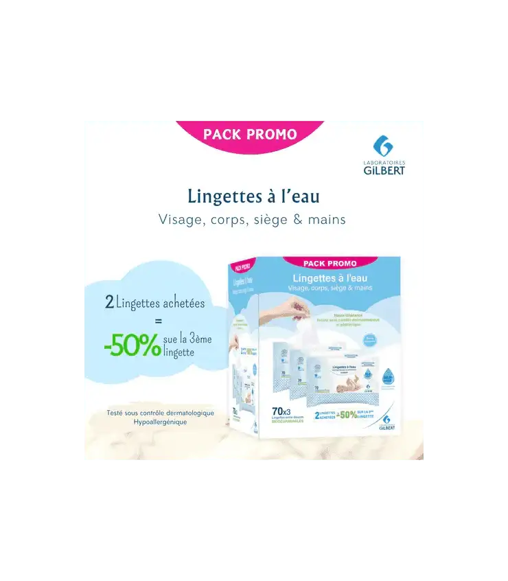 Carton du pack Gilbert de 3 lingettes à l'eau avec la mention testé sous contrôle dermatologique, hypoallergénique