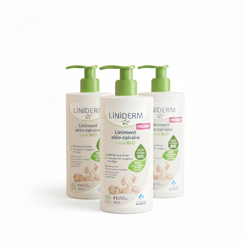 Trois flacons pompe de liniment oléo-calcaire bio Gilbert de 480 ml alignés sur fond blanc