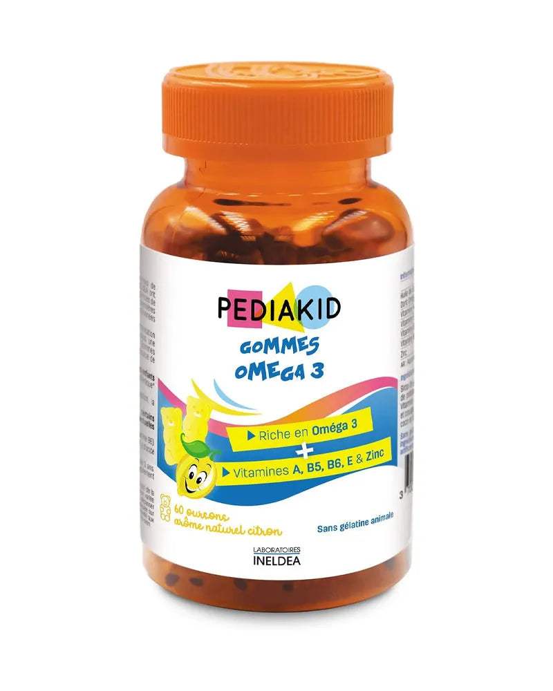 Pilulier Pediakid Gommes Oméga 3 de 60 oursons goût citron, sur fond blanc