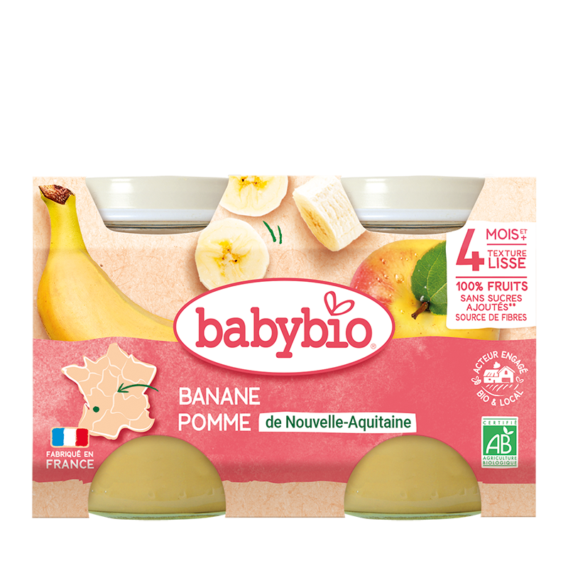 Babybio petit pot banane pomme bio, 2 pots de 130 g, face avant de la boîte – Babyboss.ma
