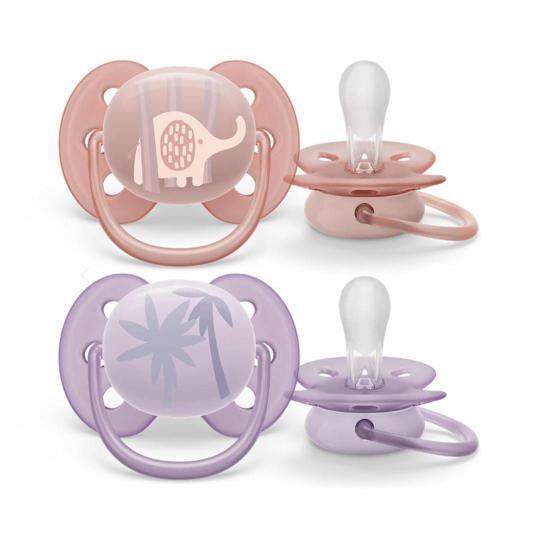 Philips Avent sucettes Ultra Soft fille 0-6 mois, lot de 2 : sucette rose à l'éléphant et sucette lilas aux palmiers – Babyboss.ma