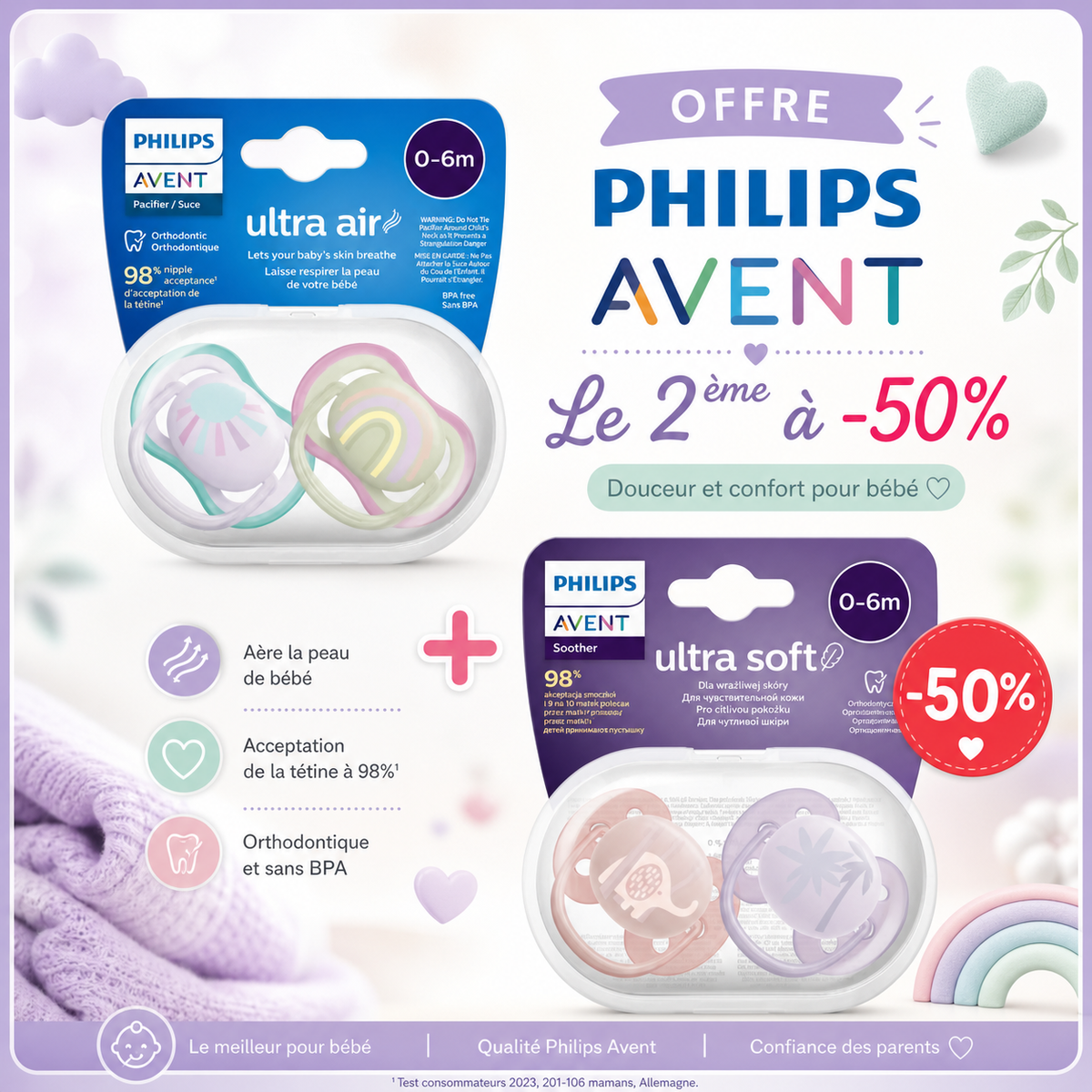 Philips Avent Sucette Ultra Air Fille - 0-6 mois + Sucette Soft 0-6 à -50%