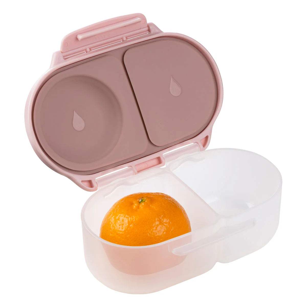 Snackbox b.box Blush Crush ouverte : deux compartiments avec joints en silicone et une mandarine dans le bac