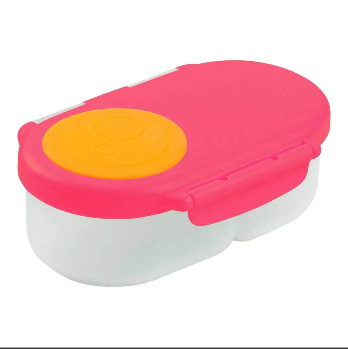 Snackbox b.box Strawberry Shake fermée, vue de trois quarts : coque rose, joint orange et bac blanc