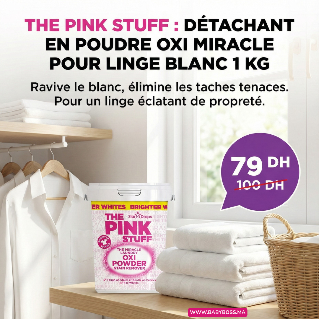 Visuel promotionnel du détachant The Pink Stuff Oxi Miracle linge blanc 1 kg avec du linge blanc plié