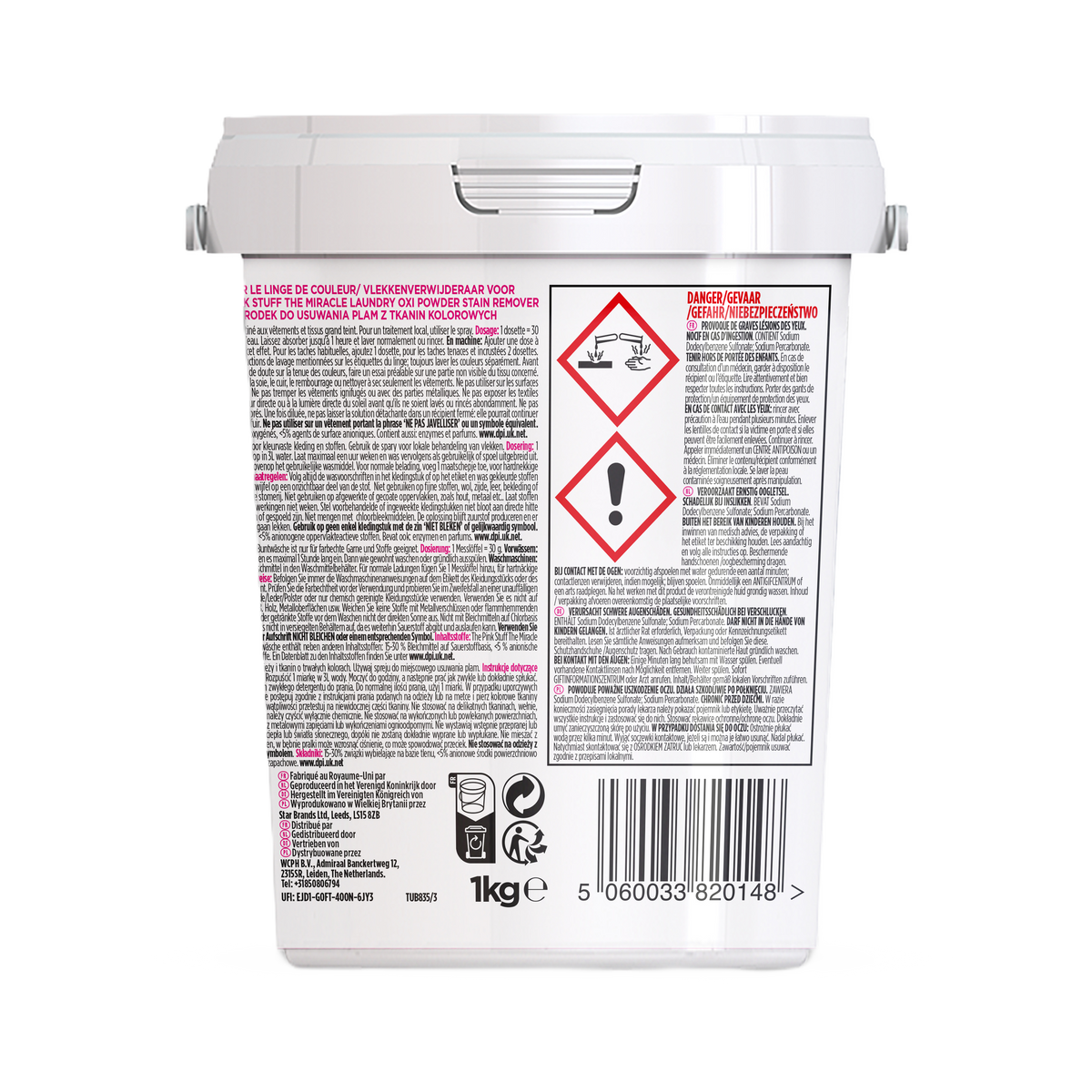Dos du pot Oxi Miracle Couleurs The Pink Stuff avec étiquette multilingue et pictogrammes de danger