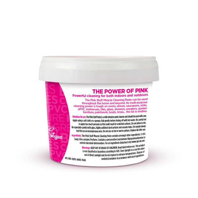 Pot de pâte The Pink Stuff vu de côté, avec la liste des usages et les précautions