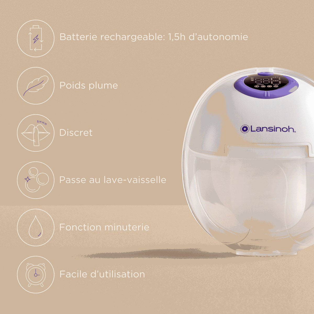 Tire-lait mains libres Lansinoh : batterie rechargeable 1,5 h, léger, discret, lave-vaisselle, minuterie
