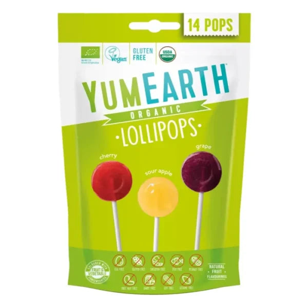 Yum Earth 14 Sucettes Pops Pomme, Cerise &amp; Raisin Acidulé – Sans Gluten