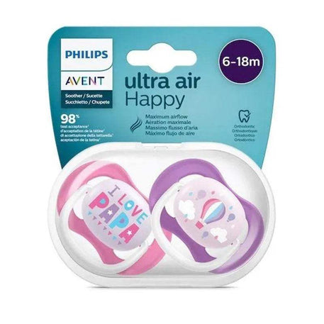 Avent Lot de 2 Sucettes Orthodontiques Ultra Air Happy 6-18m Fille - Philips Avent - Sucettes pour bébé Maroc -www.babyboss.ma