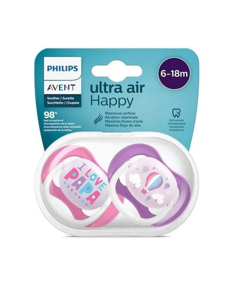 Avent Lot de 2 Sucettes Orthodontiques Ultra Air Happy 6-18m Fille - Philips Avent - Sucettes pour bébé Maroc -www.babyboss.ma