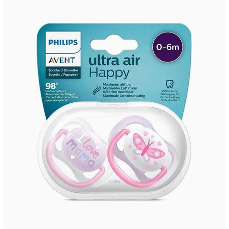 Avent Lot de 2 Sucettes Ultra Air Collection Happy 0-6m Fille - Philips Avent - Sucettes pour bébé Maroc -www.babyboss.ma