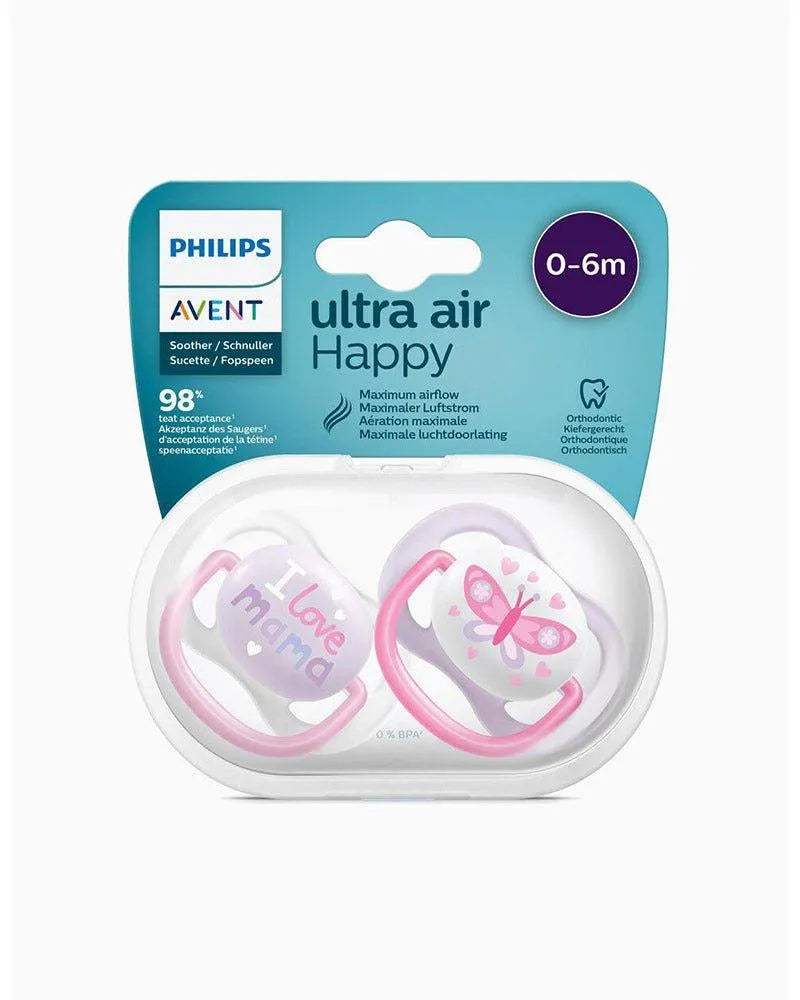 Avent Lot de 2 Sucettes Ultra Air Collection Happy 0-6m Fille - Philips Avent - Sucettes pour bébé Maroc -www.babyboss.ma