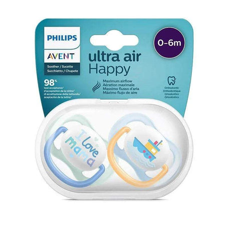 Avent Lot de 2 Sucettes Ultra Air Collection Happy 0-6m Garçon - Philips Avent - Sucettes pour bébé Maroc -www.babyboss.ma