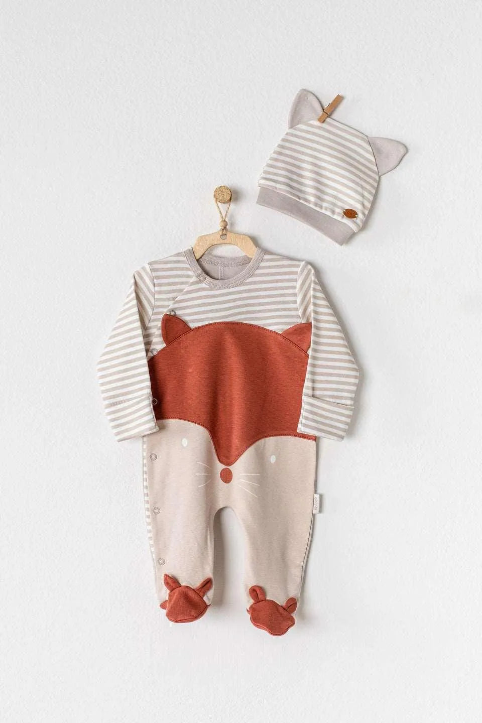 Beige Striped Fox Babysuit & Hat Set - Babyboss.ma - Andywawa - pour bébé maroc