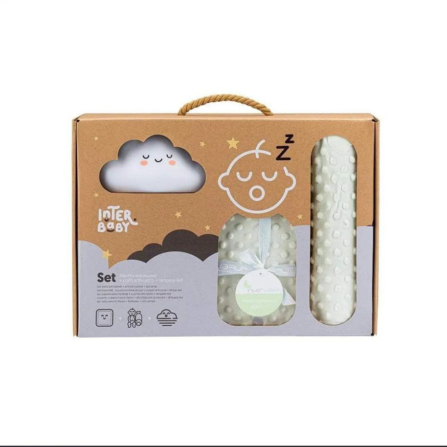 Coffret cadeau bébé, couverture vert ,coussin Carmelo et veilleuse - Interbaby - pour bébé Maroc -www.babyboss.ma
