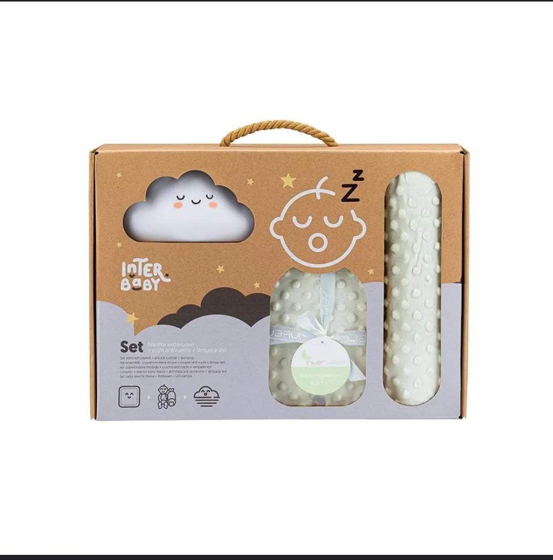 Coffret cadeau bébé, couverture vert ,coussin Carmelo et veilleuse - Interbaby - pour bébé Maroc -www.babyboss.ma