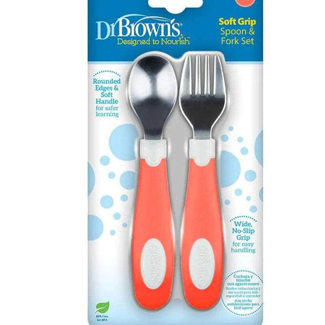 Dr. Brown's Ensemble de cuillère et fourchette en métal 12M+ - Corail - Dr. Brown's - Couverts pour bébé Maroc -www.babyboss.ma