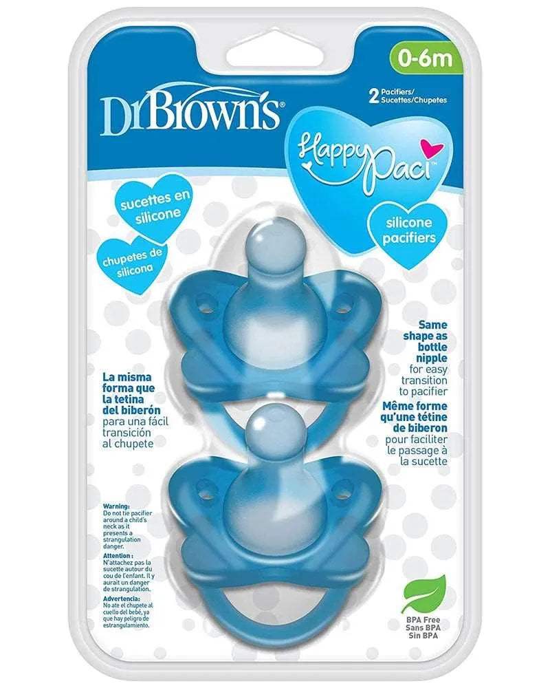 Dr. Brown's Pack de 2 Sucettes en silicone HappyPaci 0M+ - Bleu - Dr. Brown's - Sucettes pour bébé Maroc -www.babyboss.ma