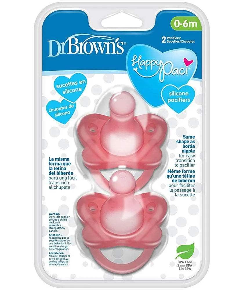 Dr. Brown's Pack de 2 Sucettes en silicone HappyPaci 0M+ - Rose - Dr. Brown's - Sucettes pour bébé Maroc -www.babyboss.ma