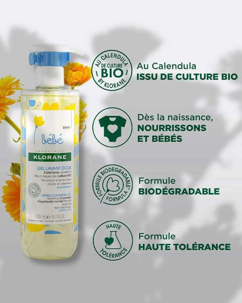 Klorane Bébé Gel lavant doux au Calendula apaisant - 500ml - Klorane - Hygiène et Soin pour bébé Maroc -www.babyboss.ma