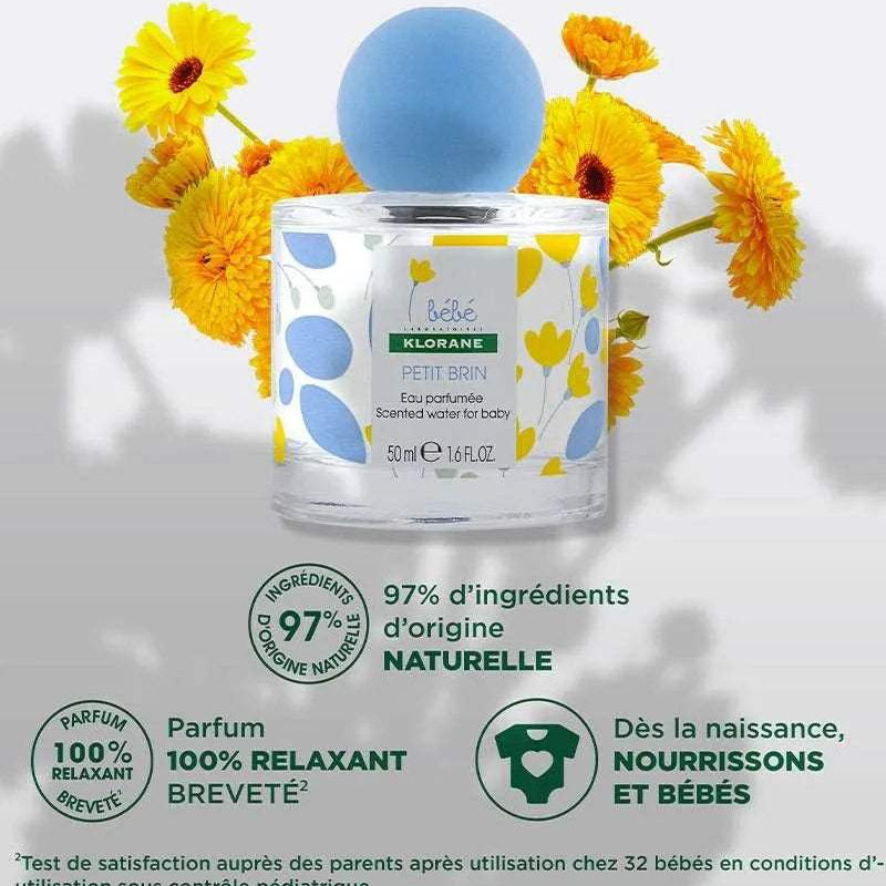 Flacon Petit brin Klorane Bébé 50 ml avec les mentions 97 % d'origine naturelle et dès la naissance